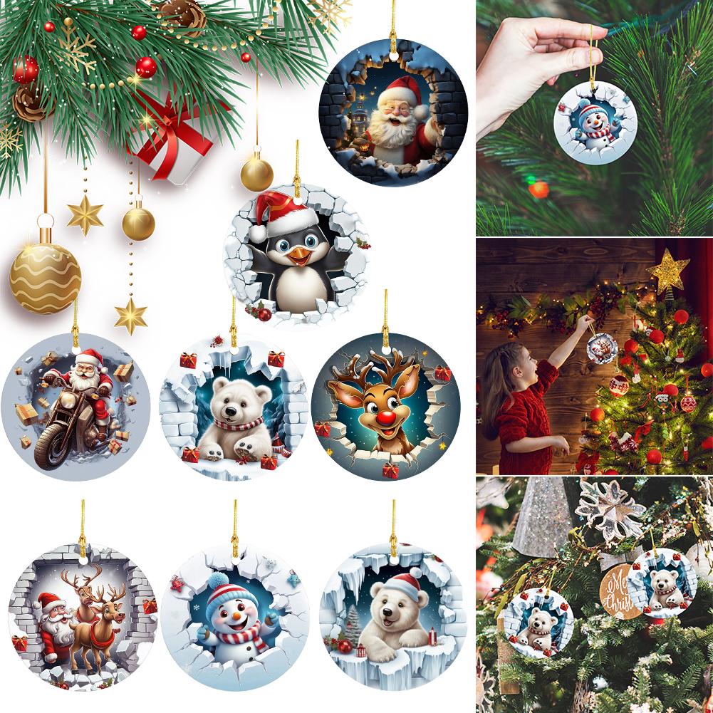 Christmas Cartoon Santa Decorations Acrylic Snowman Hanging Ornaments Realistic Flat Tree Hanging Decorations Round Party Favors