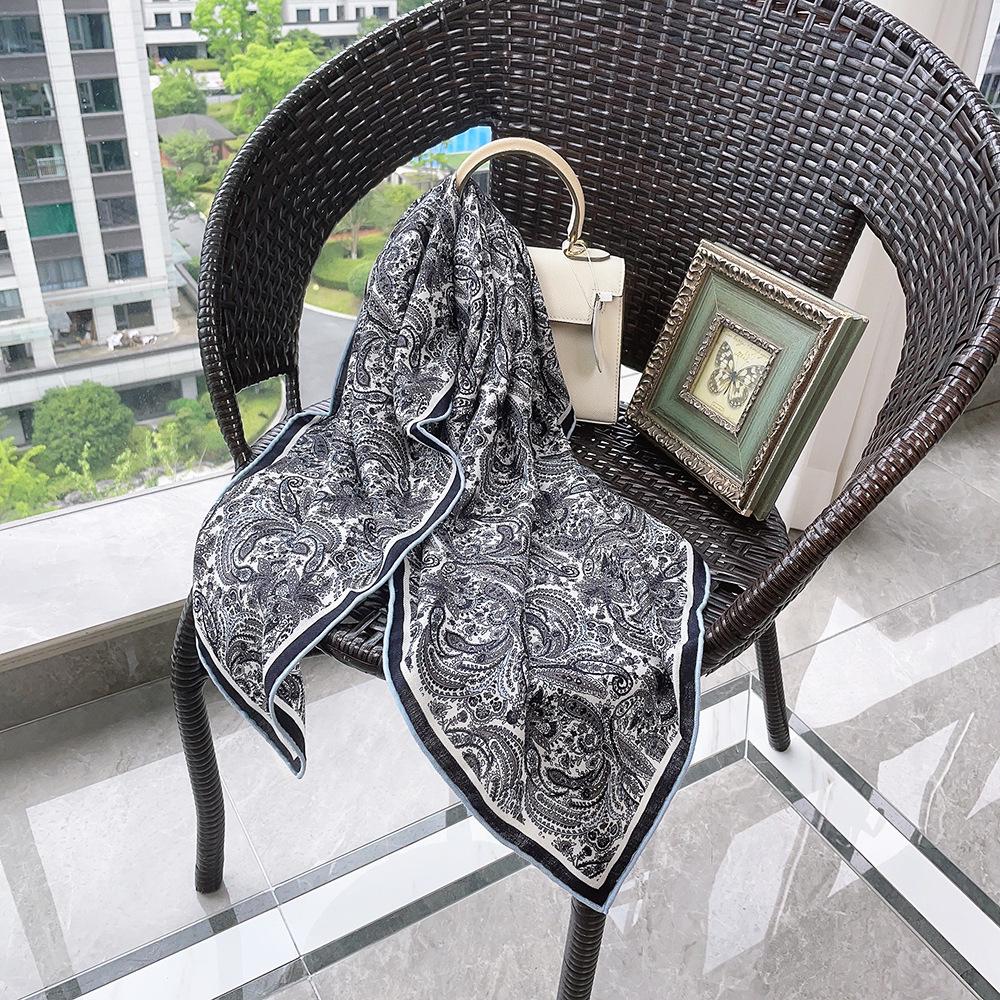 88cm Blue Paisley Silk Wool Square Scarf: Double-Sided Print, Warm Velvet Shawl, Versatile European & American Style.