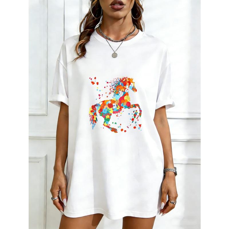 

Oversized T Shirt Dress Black Colorful Horse Print Casual Streetwear Style For Women XXXXL білий
