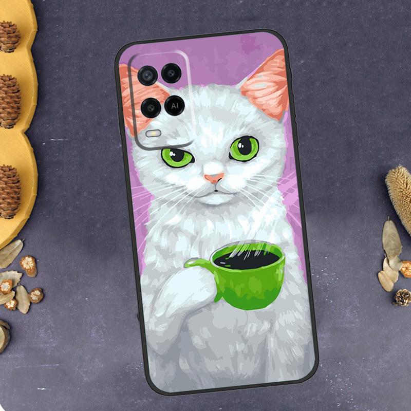 Cute Animal Cat Coffee Phone Case For Oppo A94 A74 A54 A15 A18 A38 A58 A78 A98 A40 A60 A80 A16 A76 A96 A57S A17 A77