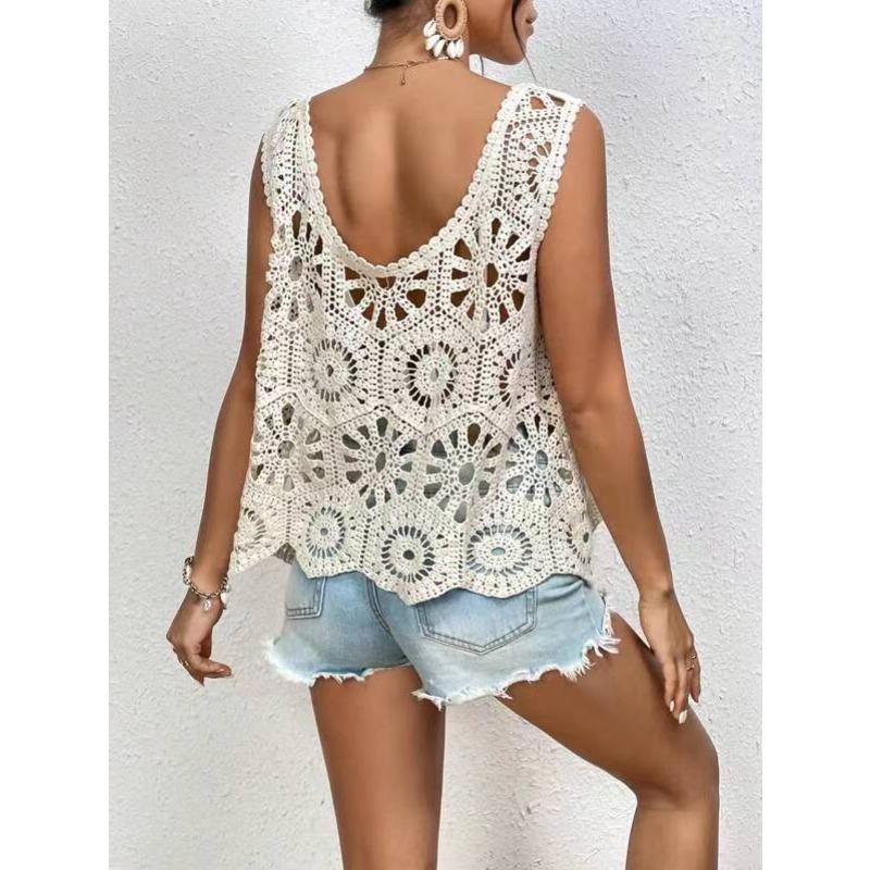 T-Shirt Women Knitting Lace Vest O-Neck Hollow Summer Style Basic Tops Tees Loose Clothing