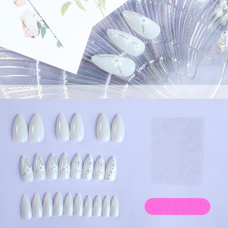 

Elegant Pink & White Gradient Press-on Nails with Silver Glitter & Floral Design, 2024