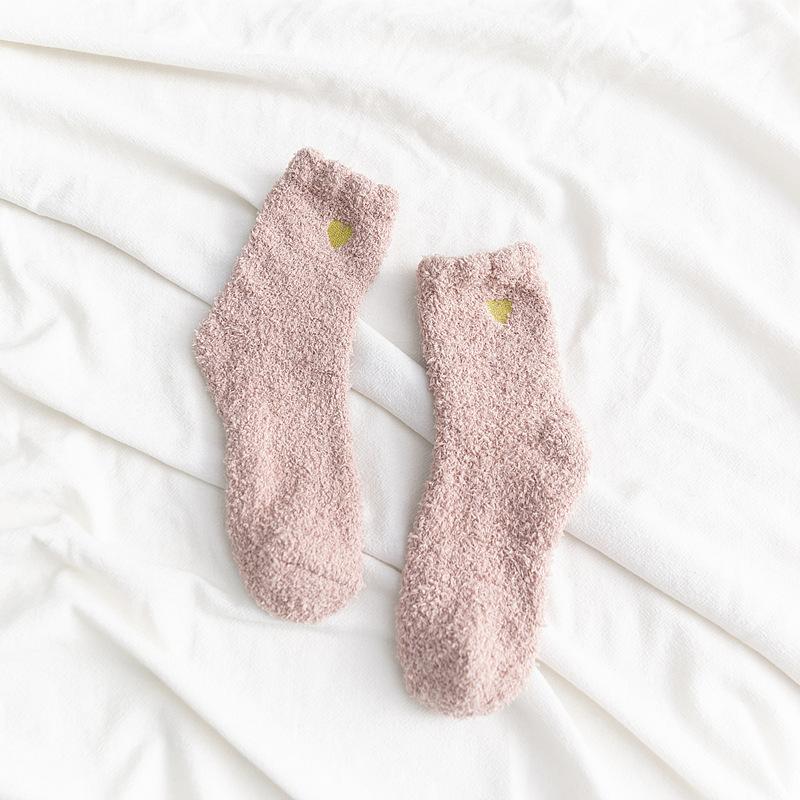 Home Indoor Cozy Floor Socks Winter Warm Soft Coral Fleece Socks Cute Heart Embroidery Thick Socks Fluffy Terry Short Sox Female