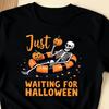 Just Waiting for Halloween Funny Skeleton TShirt, Spooky Summerween Tee for Men and Women, Humorous Skeleton Beach Vibes Shirt, Perfect Gift