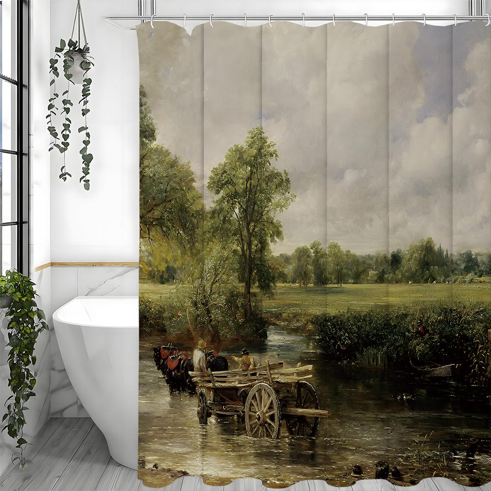 Cortina de Ducha Decorativa para Baño con Árbol de la Pradera, Carro, Río, Pintura al Óleo, Cortina de Ducha Impermeable con Ganchos