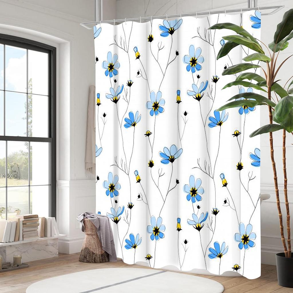 Niebieski wzór małych kwiatów Zasłona Kąpielowa Zasłona Prysznicowa Łazienkowa Wodoodporna Z 12 Haczykami Dekoracja Domu Darmowa Wysyłka