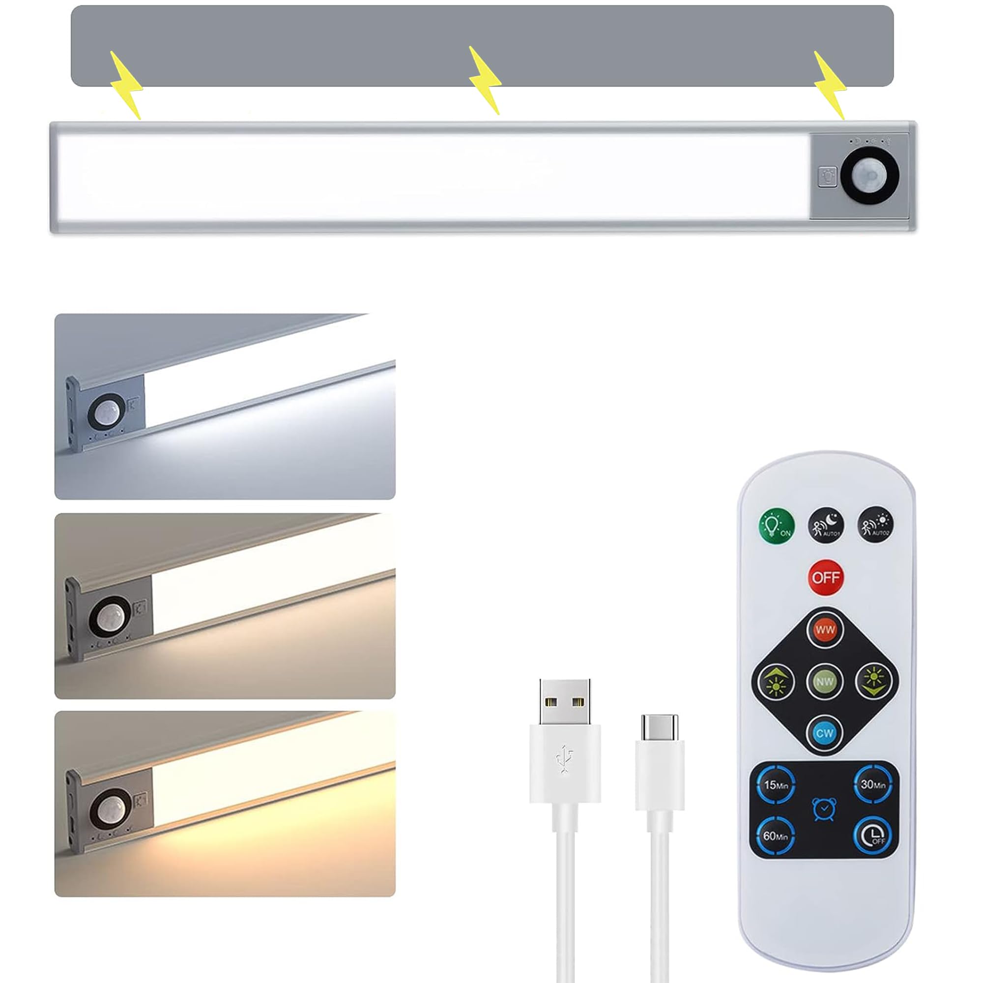 

Світлодіодна панель Usetcc, Світло з датчиком руху, 30 см [з пультом дистанційного керування], Магнітний, Перезаряджуваний через Type-C, Акумулятор 1500 мАг, Велика ємність, 3 кольори