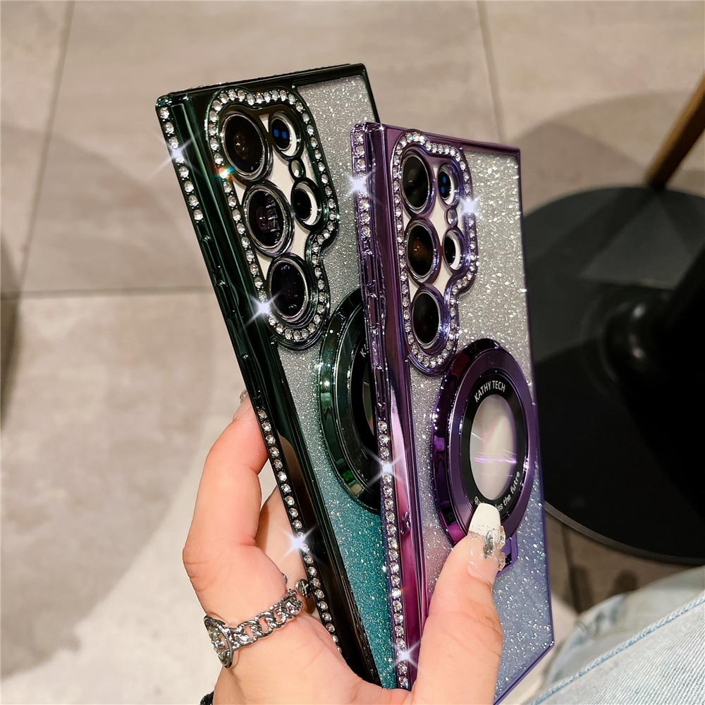 Plating Gradient Glitter Diamond Stand Holder Magnetic Case For Samsung S24 S23 Ultra S22 Plus/iphone 15 14 13 12 11 Pro Max Magsafe Protection Cover