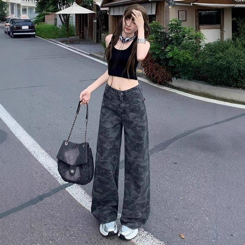 Vintage High Street Camouflage Work Jeans Wide-legged Jeans Female High-waisted Loose Skinny Straight Trousers Jeans for Women Long Denim Pants