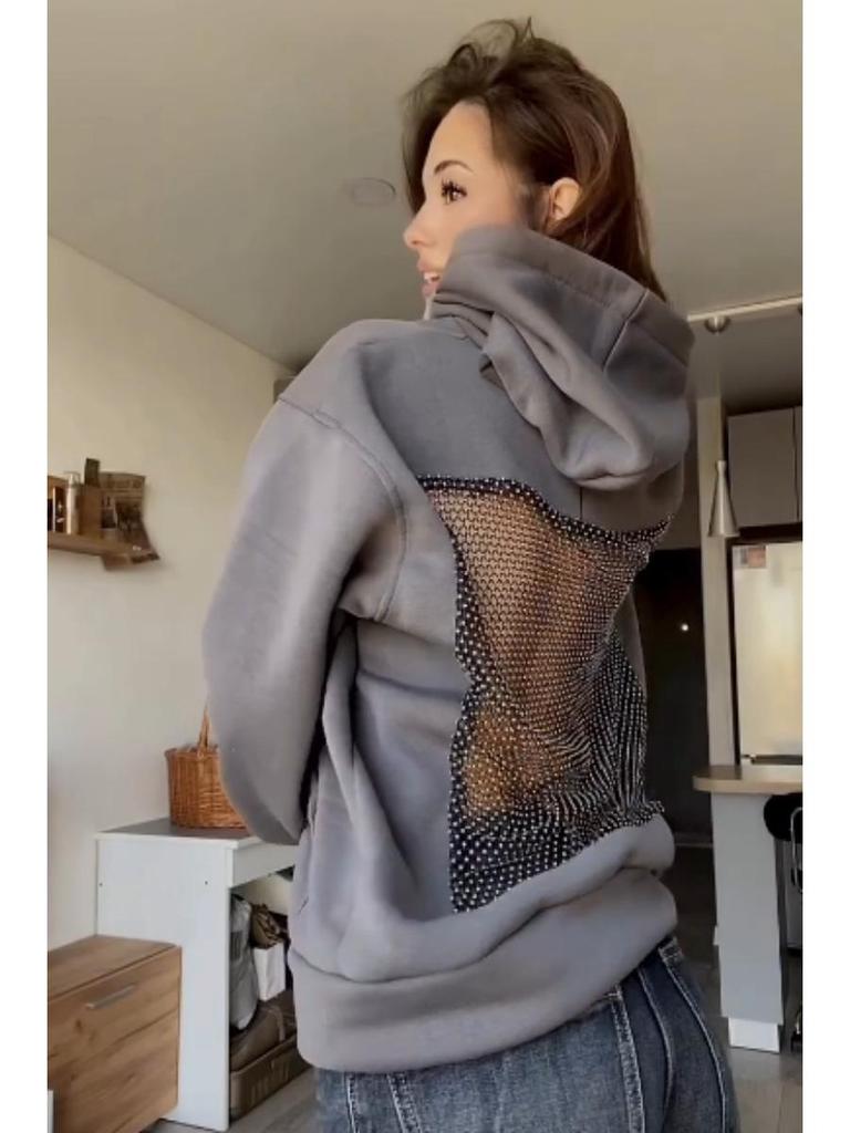 2025 Herbst/Winter Damen Kapuzenpullover mit Netz und Rückenausschnitt, einfarbig