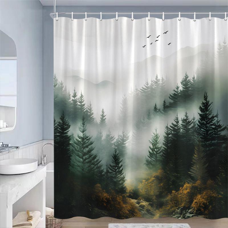 Misty Forest Shower Curtains Pine Trees Mountain Plant Birds Blue Abstract Art Landscape Polyester Fabric Bathroom Curtain Decor