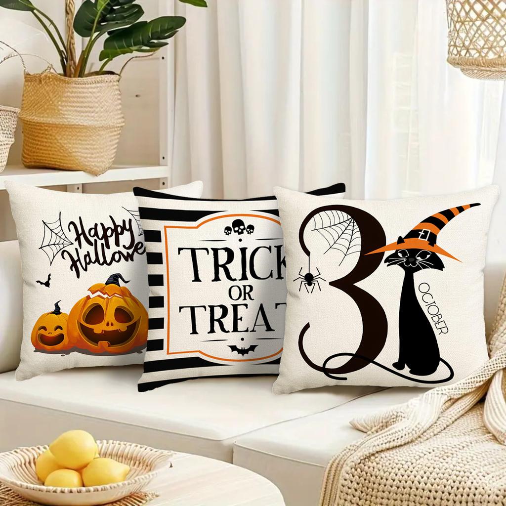 1/4 Piece Halloween Pillow Cover, Scary Pumpkin, Black Cat Print Cushion Cover, Trick Or Treat Sofa Cushion Cover For Halloween