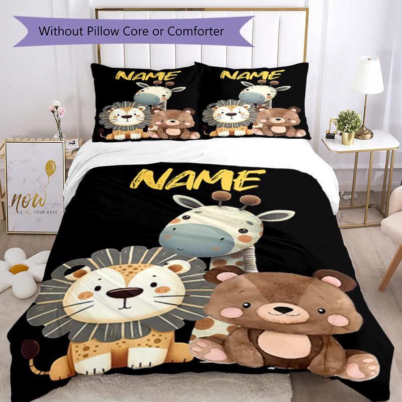3pcs Custom Name Animals Bedding Set Duvet Cover Closure Includes 1 Duvet Cover & 2 Pillowcases, Soft and Comfortable for All Seasons.