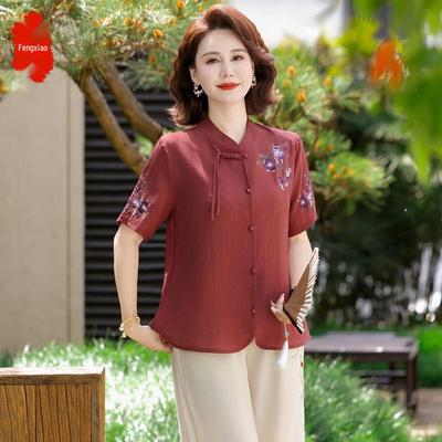 Women's Chinese Style Cotton Linen T-shirt & Short Sleeve Set