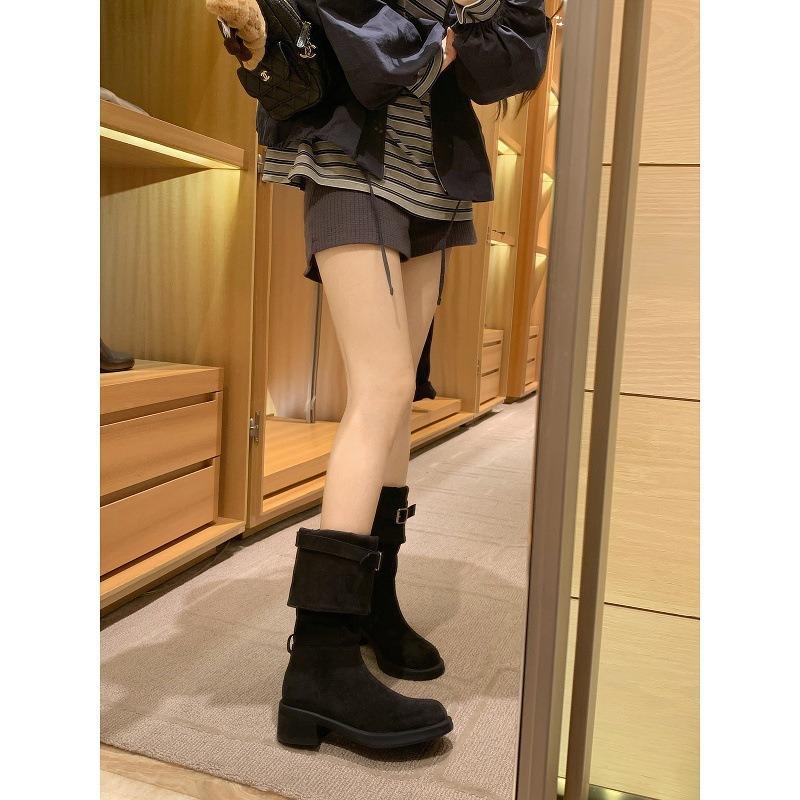 Cowhide Version~ Grape Ma Two Ways To Wear Western Boots Can Be Folded Thick Heel Buckle Stacked Boots Women's Boots