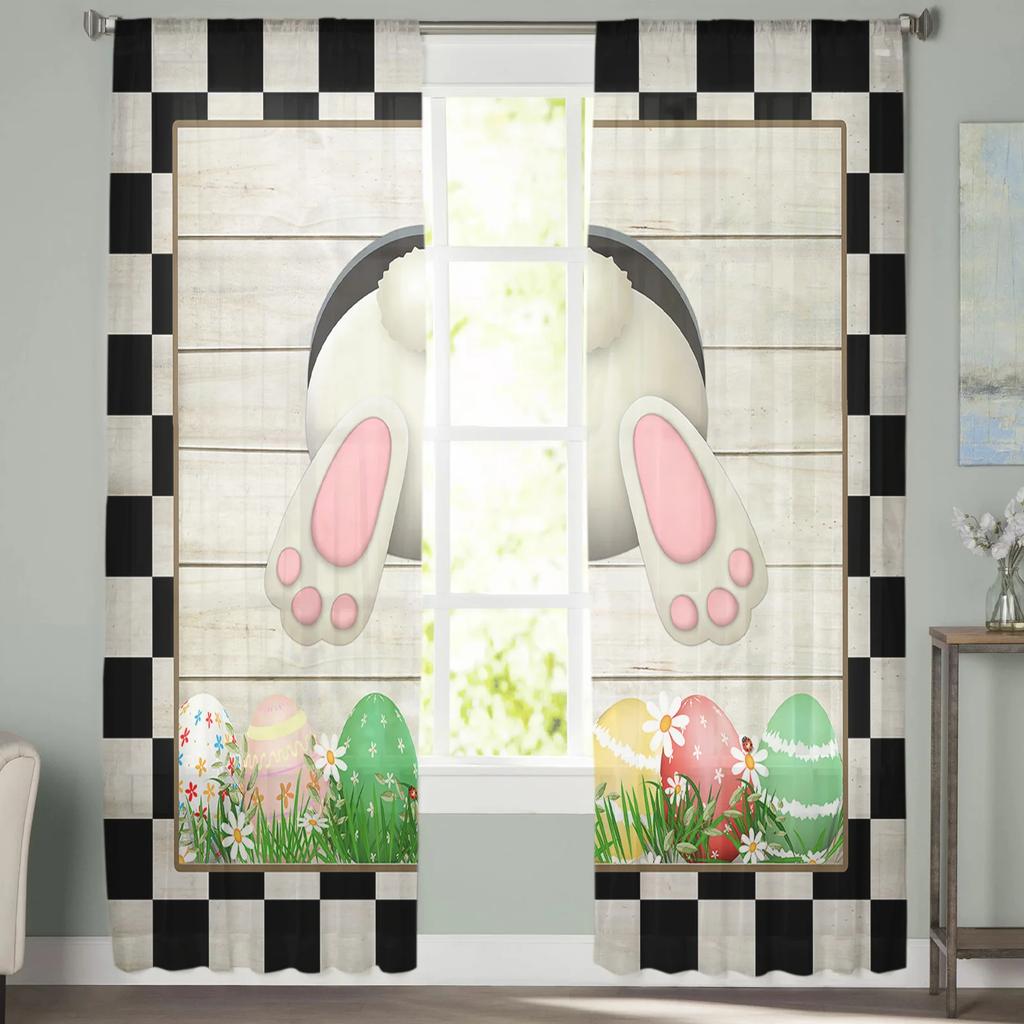 Light Filtering Easter Retro Farm Style Bunny Curtains Bedroom Living Room Festival Decor Cute Rabbit Kitchen Window Tulle Curtain Polyester Washable