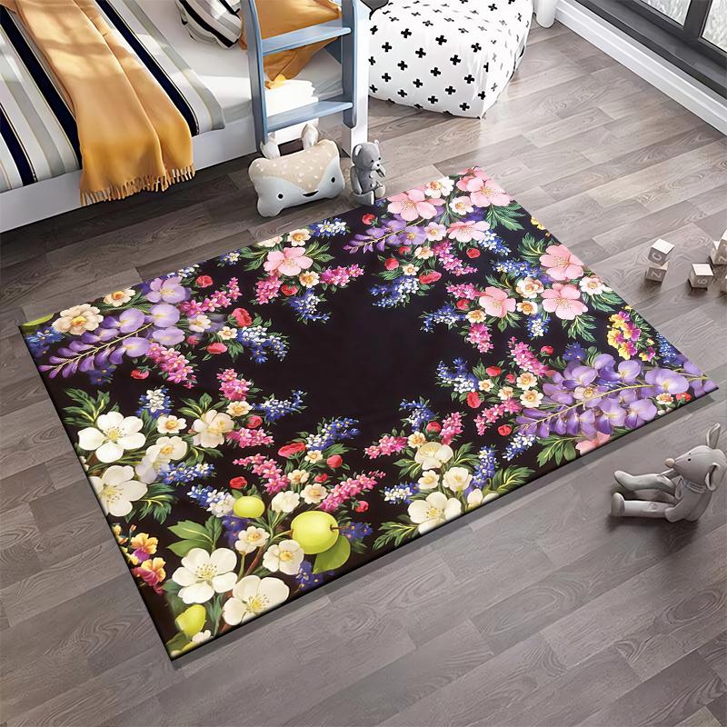 Floral Carpet with Colorful Blossoms and Black Background, Living Room Decor Suitable for Use As an Anti-slip for Living Room Bedroom Sofas