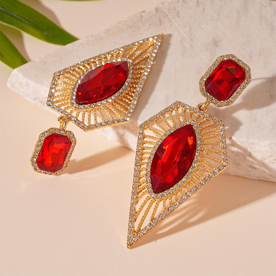 Retro Angkor Red Rhinestone Silver Geometric Earrings - Light Luxury High-End for Women