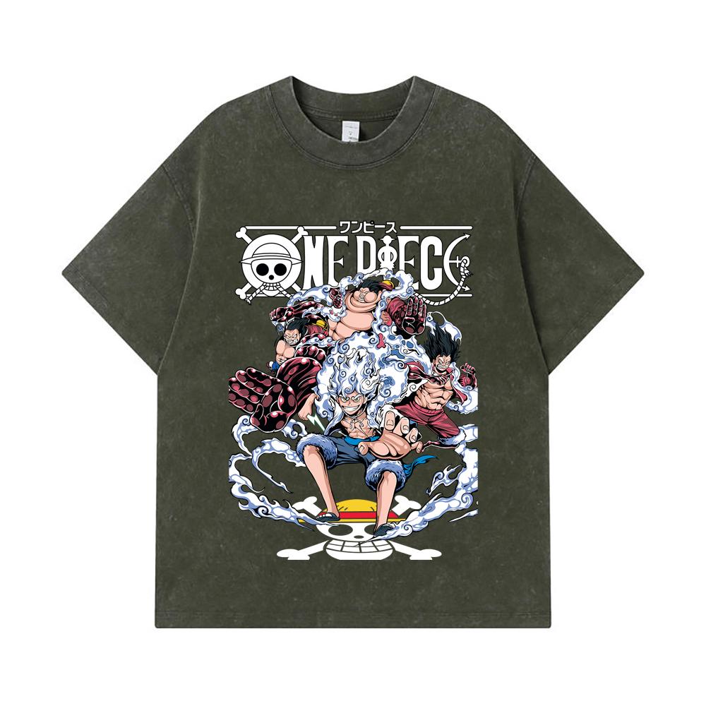 275 GSM Washed T-shirts 100% Cotton One Piece V30 Luffy Gears Print Unisex Heavy Cotton T Shirt