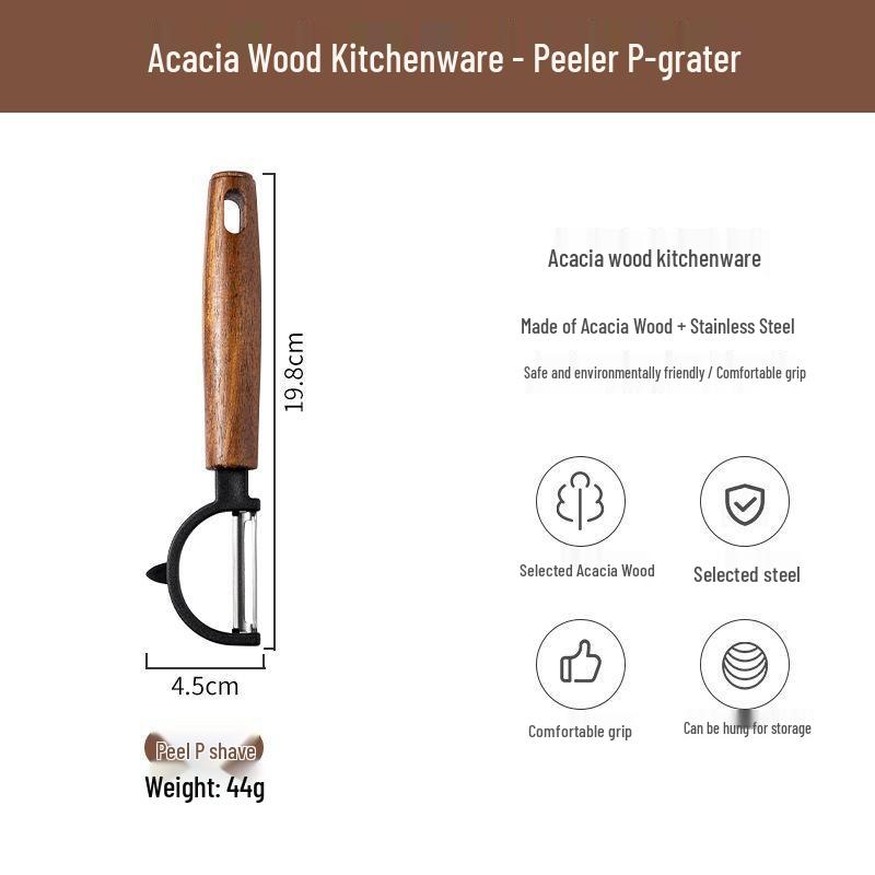 Acacia Wood Kitchen Gadget Set: Peeler, Can Opener, Egg Beater, Pizza Cutter, Cheese Shovel