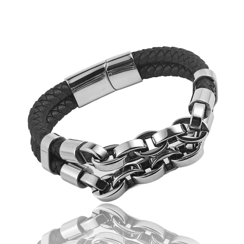 

Multi Layer Men s Leather Bracelet Stainless Steel Mechanical Feel Cuban Chain Geometric Pattern Bangles for Male Jewelry Gift 20.5cm серебряный