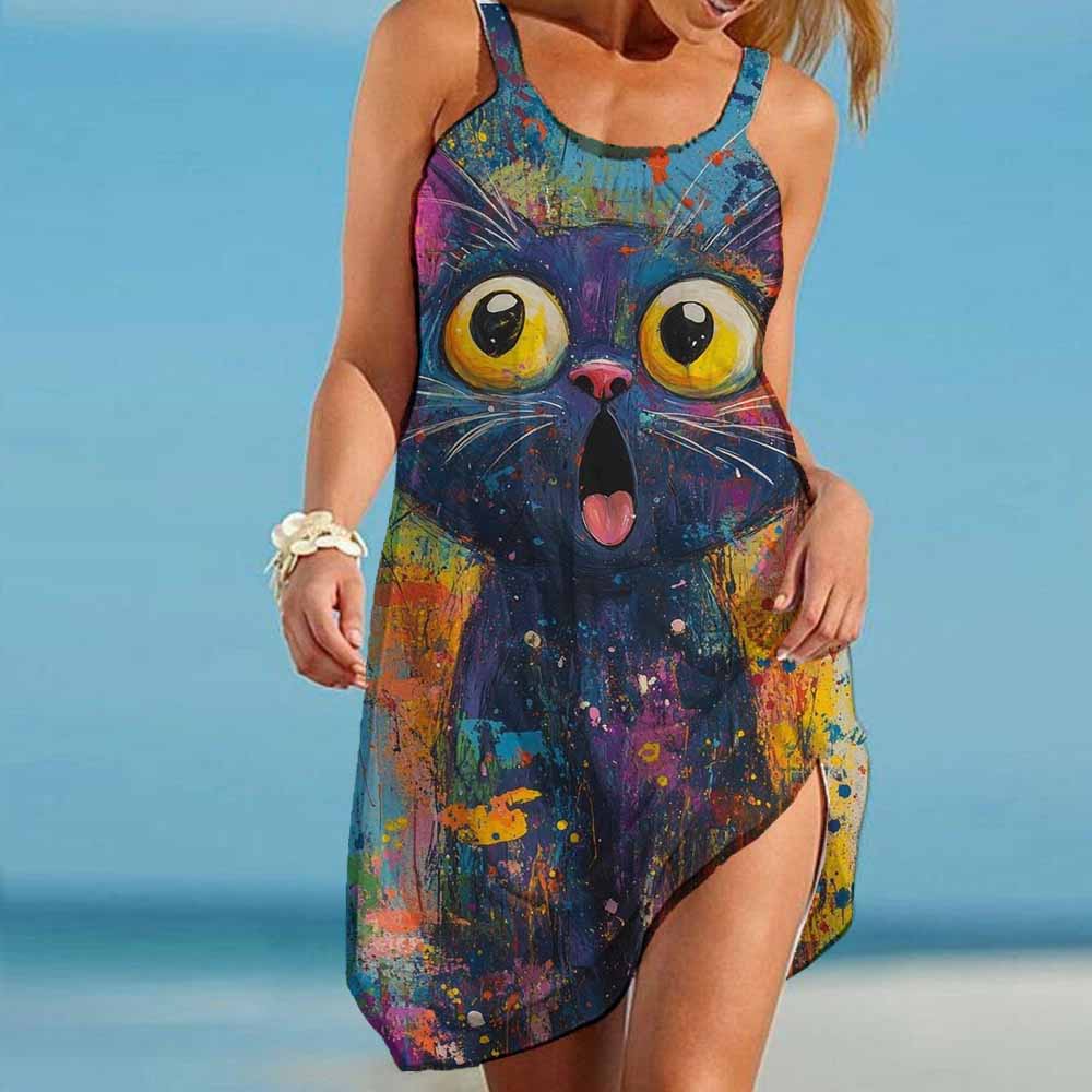 New Women's Fashion 2025 New Print Summer Casual Party Mini Dress Beach Style Elegant Pop Art Prints Lady Sleeveless Dress