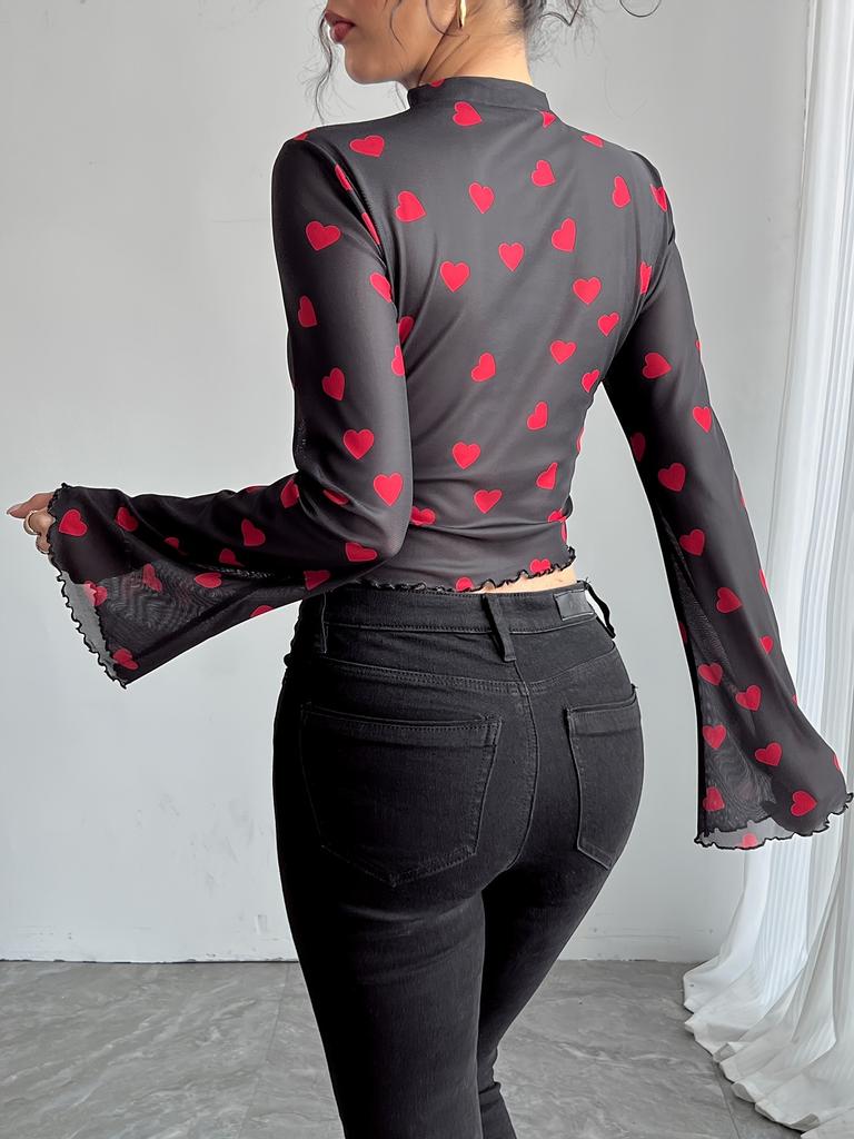 Ins Herbst Damen Netzprint Rundhals Glockenärmel Langarm T-Shirt Mode Täglich Basic Büro Dame Lässig Slim Fit Damen Elegantes Oberteil