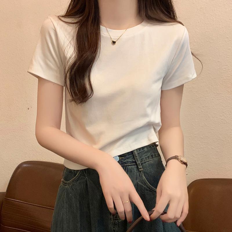 Women's Slim Fit Short-Sleeve Solid Color T-Shirt - Korean Style Summer Top