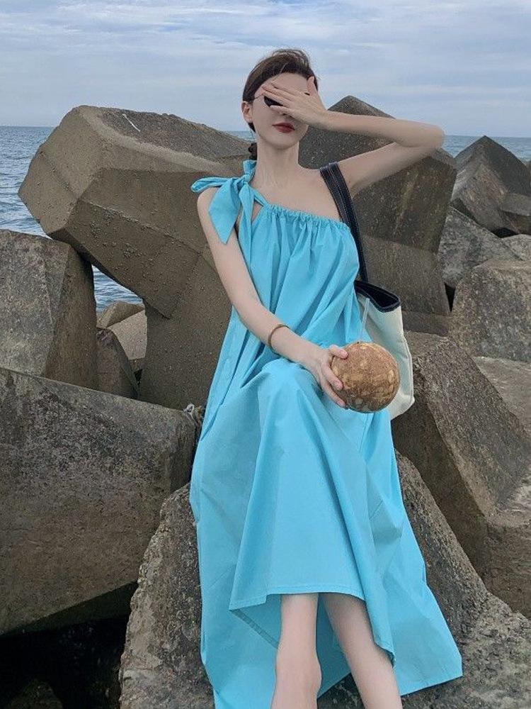 Women's Summer 2026 Irregular One-Shoulder Spaghetti Strap Resort Dress