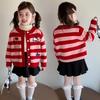 Autumn 2025 Girls' Knitted Cardigan: Cute KT Cartoon Striped Sweater for Baby Girls