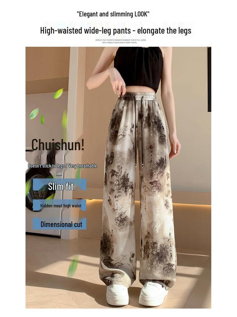 Chinese Style Ink Wash Tie-Dye High-Waisted Wide-Leg Ice Silk Pants for Women