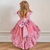 Beaded Puff Sleeve First Birthday Dress with Embroidery and Bow Train - Flower Girl Runway Performance Costume