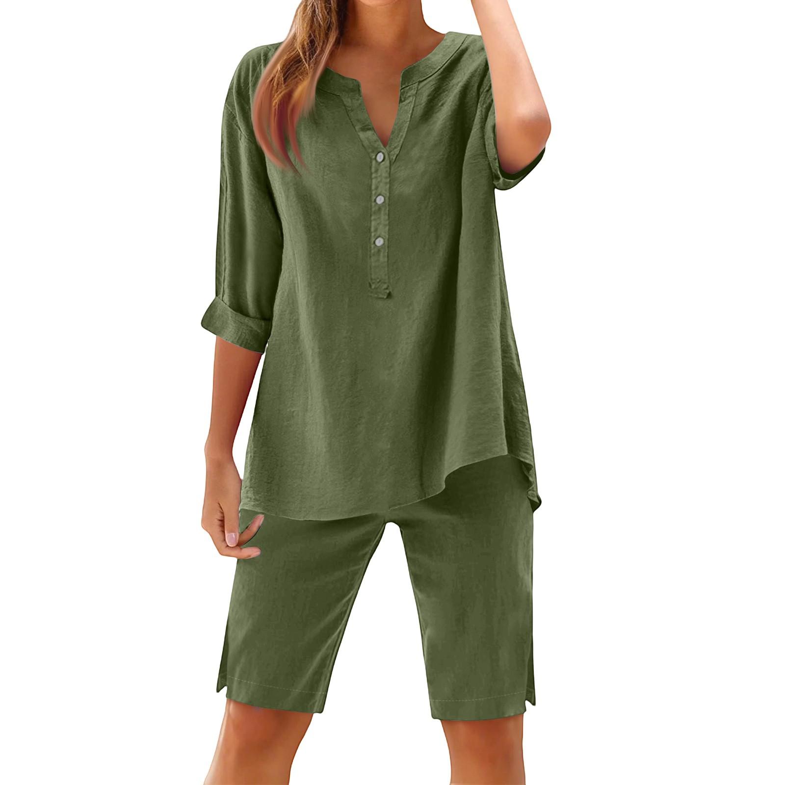 

Женский свободный модный однотонный хлопковый льняной комплект с длинным рукавом и шортами на пуговицах XL