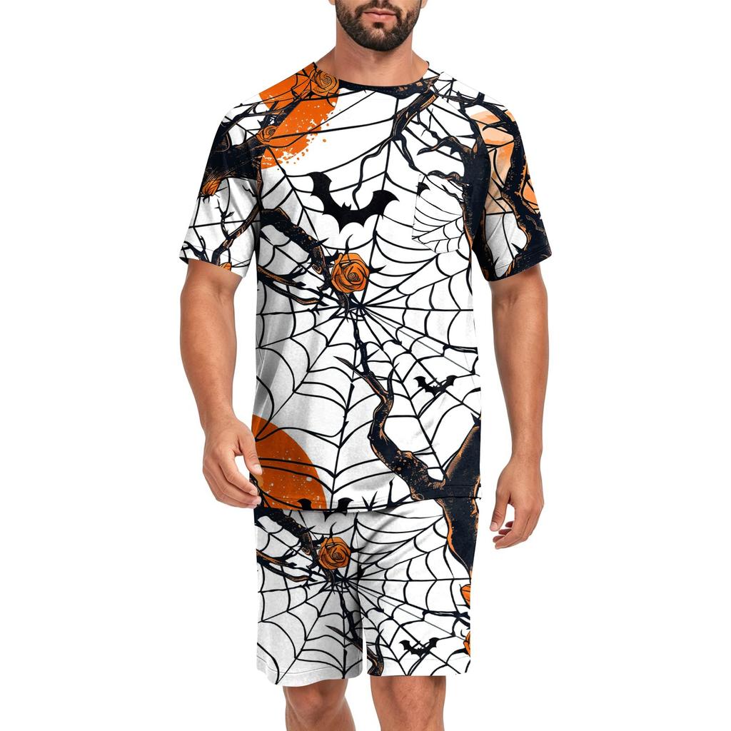 Men's Halloween Casual Pajama Set Short Sleeve Top and Shorts Lightweight Comfortable Sleepwear Set for Home and Lounge