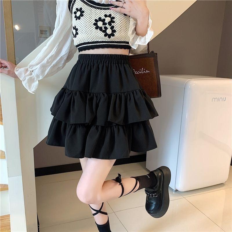 Versatile Double Layer Cake Skirt Women's High Waist A-Line Poached Short Skirt Ruffled Half Skirt