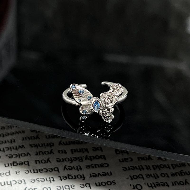Stacked Wind Butterfly Blue Diamond Personalized Butterfly Wing Fog Blue Advanced Sense Opening Ring Female Neutral Wind Simple Versatile Ring