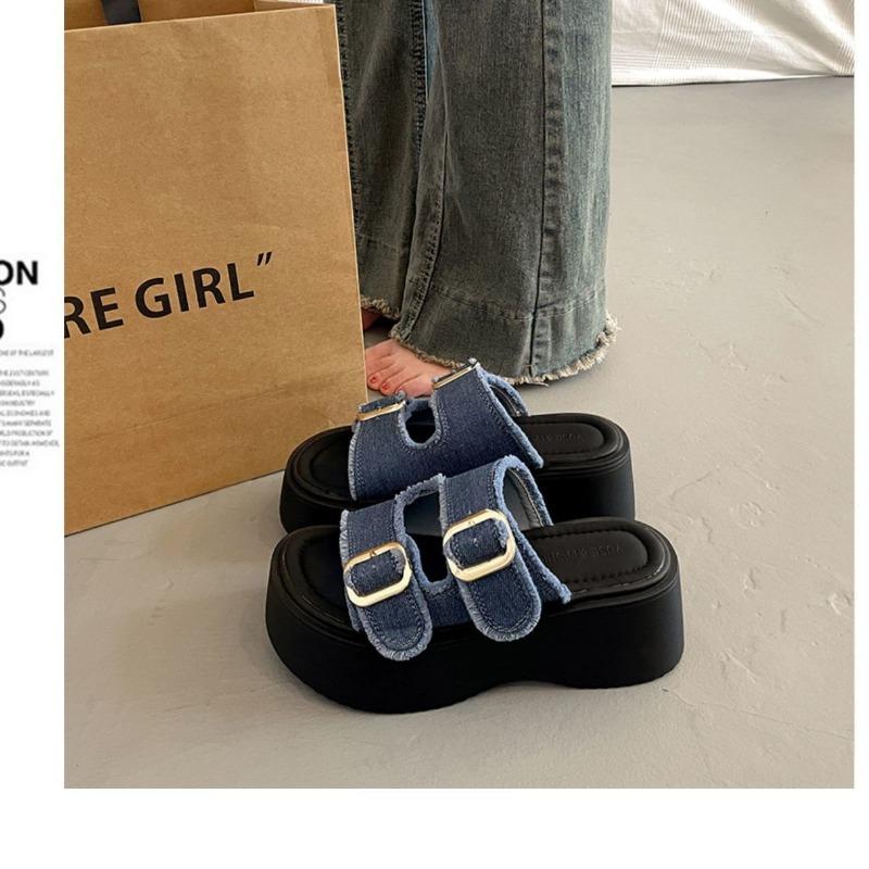 thick-soled muffin sandals women's new versatile height-increasing denim slippers sports sandals are trendy