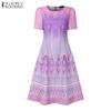 ZANZEA Women Summer Round Neck Short Sleeve Casual Print Elegant Dress
