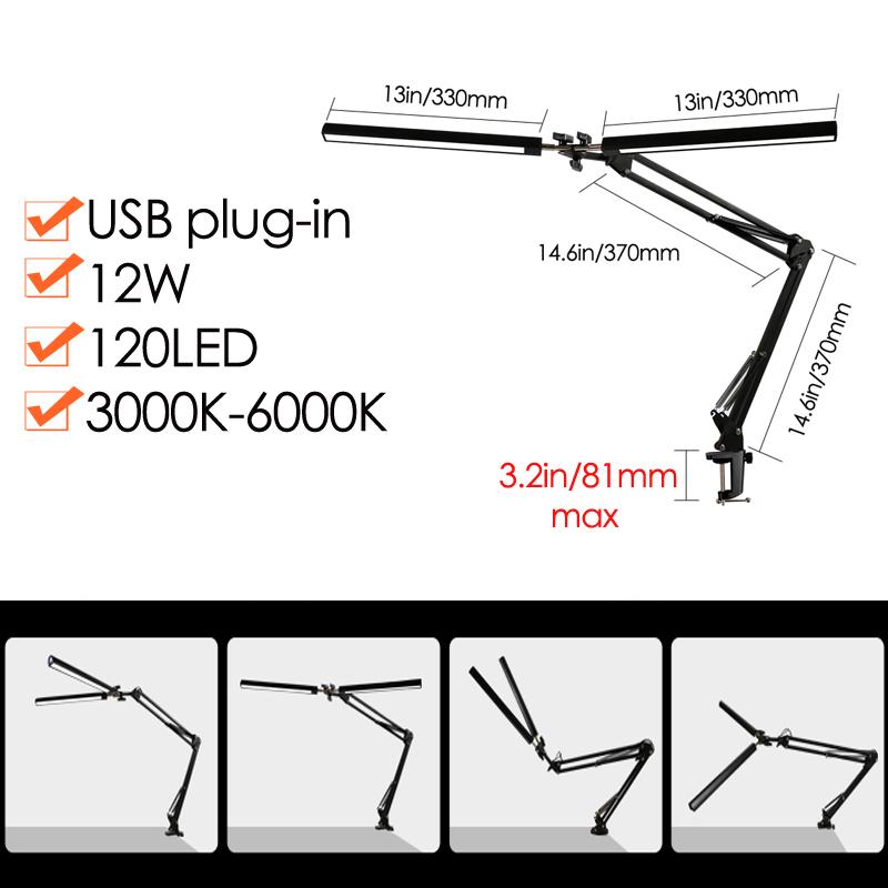 

Flexo Led Desk Folding Clip Light USB Double-headed Bedroom Study 3 Colors 10 Brightness Monitor Headboard Lamp for Book Reading 3000K-6000K&11-15W&Black Shell