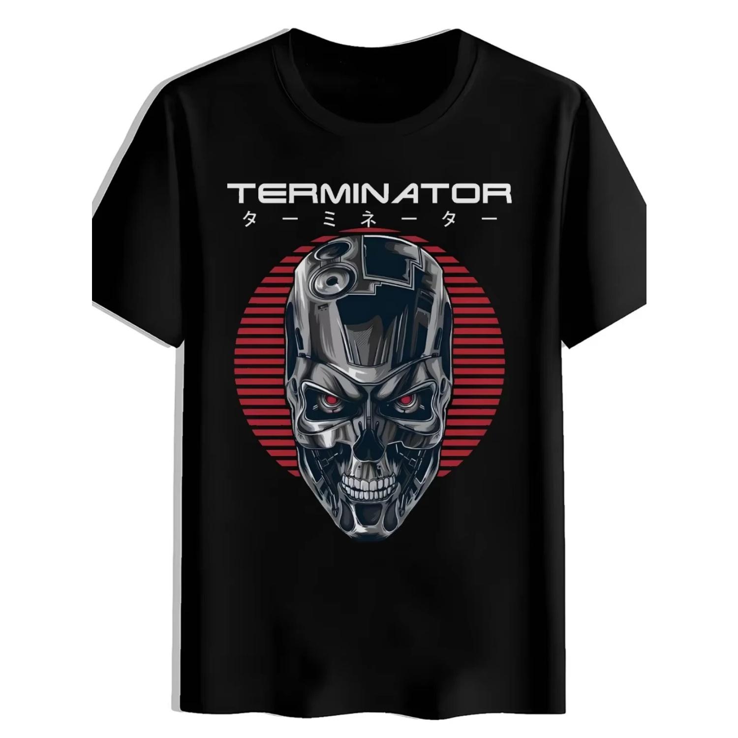 

Men S Graphic T-Shirt Featuring A Terminator Design with Red Glowing Eyes and A Metallic Skull Perfect for Casual Summer S чёрный