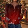 Women's Casual Christmas Print V-Neck Button 3/4 Sleeve T-Shirt