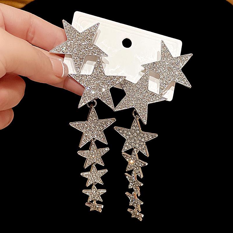 Diamond Crystal Star Tassel Pearl Earrings: Luxurious High-end Fashion Studs