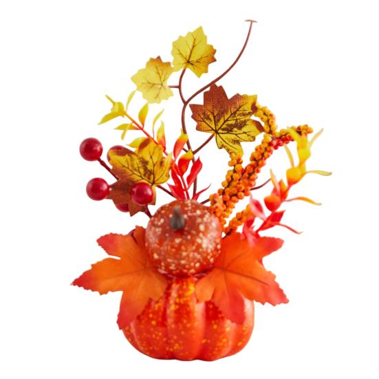 Rustic Autumn Floral Arrangement Fall Artificial Pumpkin Table Centerpiece, Fake Decoration with Sunflowers, Halloween Party Ornament Maple