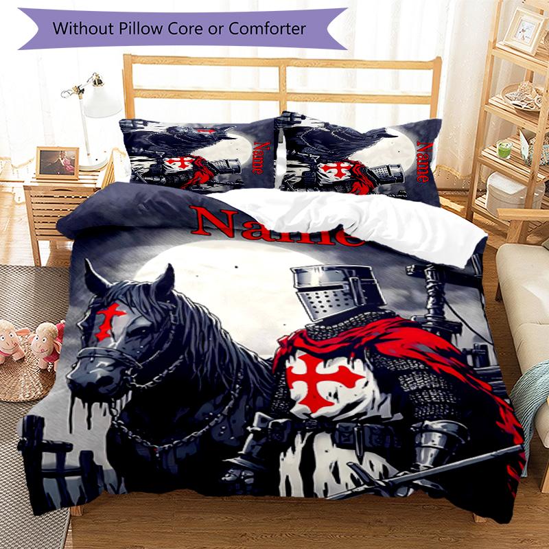 3pcs Custom Name Cartoon Knights Templar Bedding Set Duvet Cover Closure Includes 1 Duvet Cover & 2 Pillowcases for All Seasons Bedroom Decor