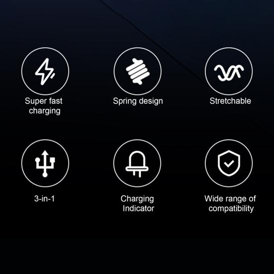 Cablu de încărcare USB 3-în-1 100W Încărcare super rapidă Retractabil în formă de T cu lumină LED Tip C/Micro USB/Cablu de date cu arc cu 8 pini