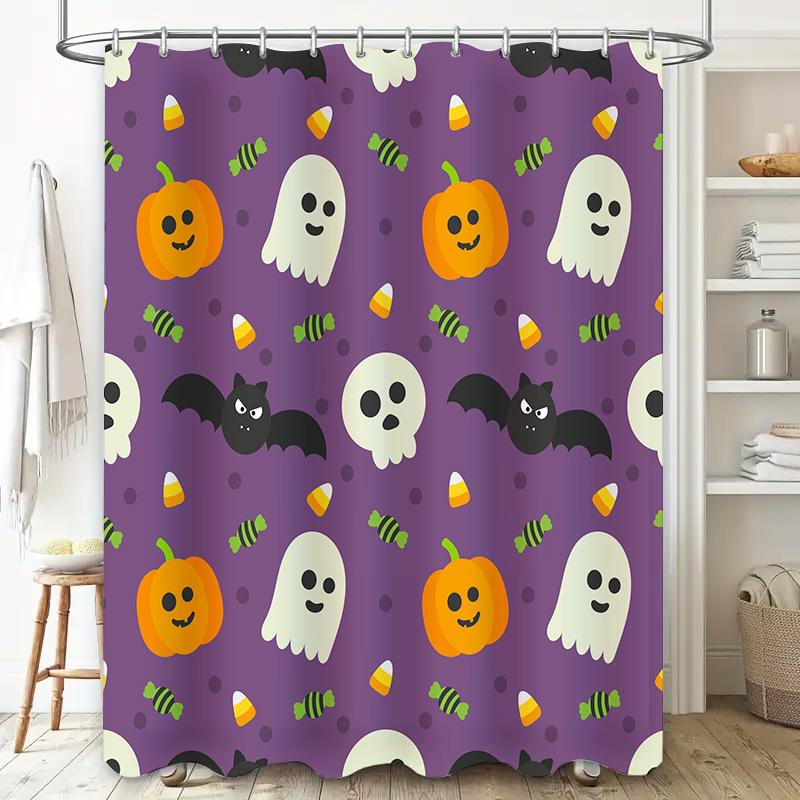 Halloween-themed shower curtain with pumpkin ghost bat design for bathroom decor purple polyester fabric, waterproof home textil