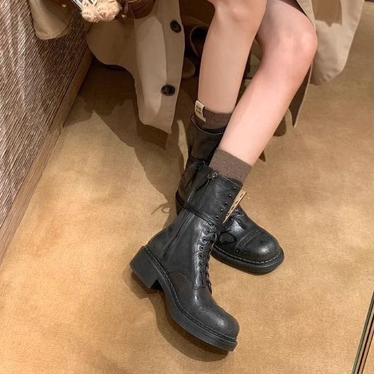 New Spot Cowhide Version~ Grape Mother Same British Style Short Boots Round Head Strap Versatile Martin Boots Women's Side