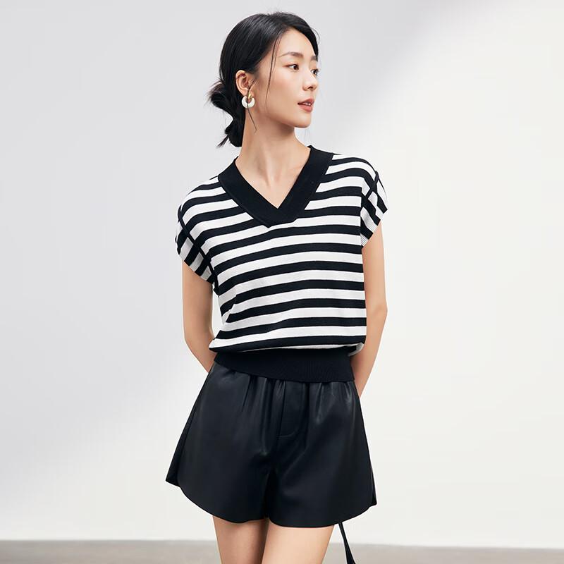 JOY SPEAKER Women's V-Neck Striped Short Sleeve Knitted Top