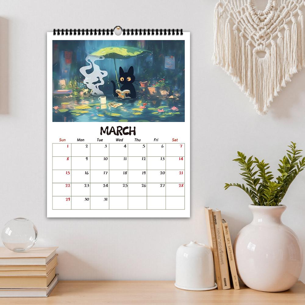 1pc, 2026 Adorable Healing Black Cat Series Wall Calendar, Cat Calendar, 12 Different Designs, Wall Calendar, Birthday, Christma