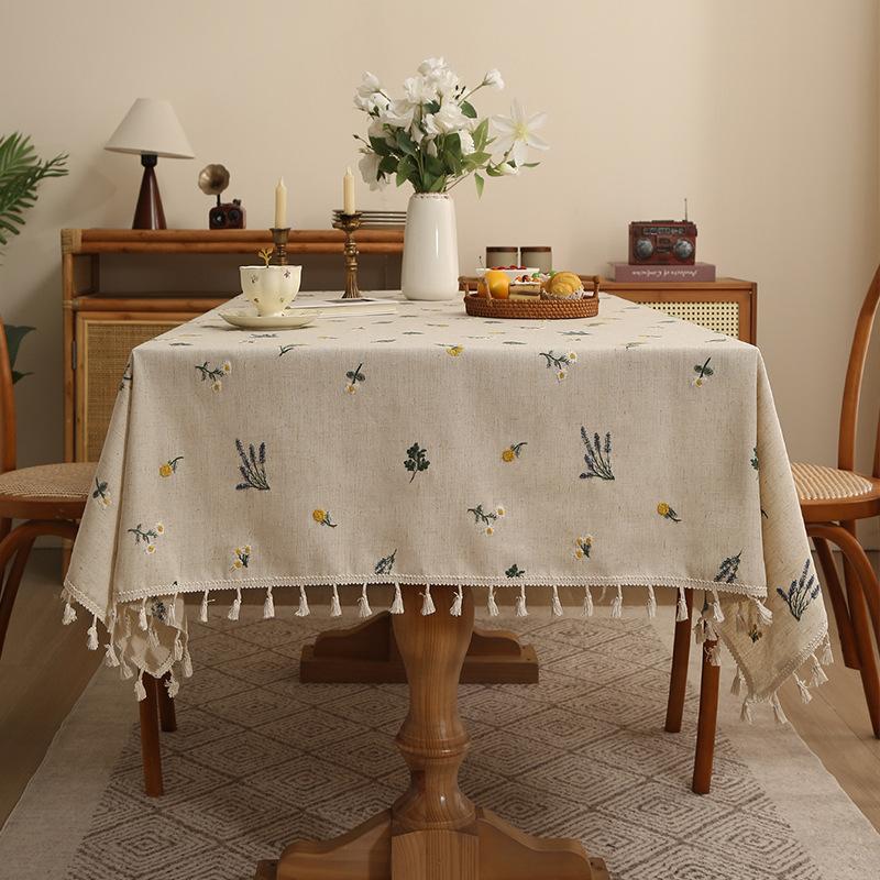 Linen High-End Embroidered Table Cloth, High-End Light Luxury, Xiaoqing Fresh Air Thickened Tablecloth, Coffee Table Cover Cloth